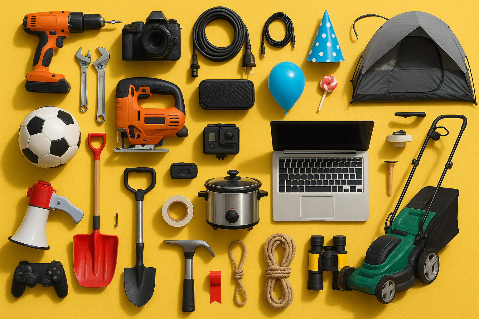 Une multitude des petits objets à louer, sur un fond jaune.